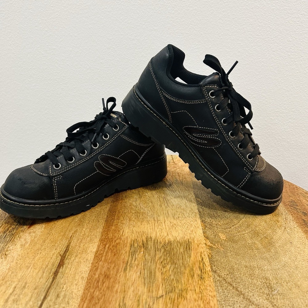 Vintage Skechers Jammers Shoes Women's 9 Black Leather Chunky Platform Y2K